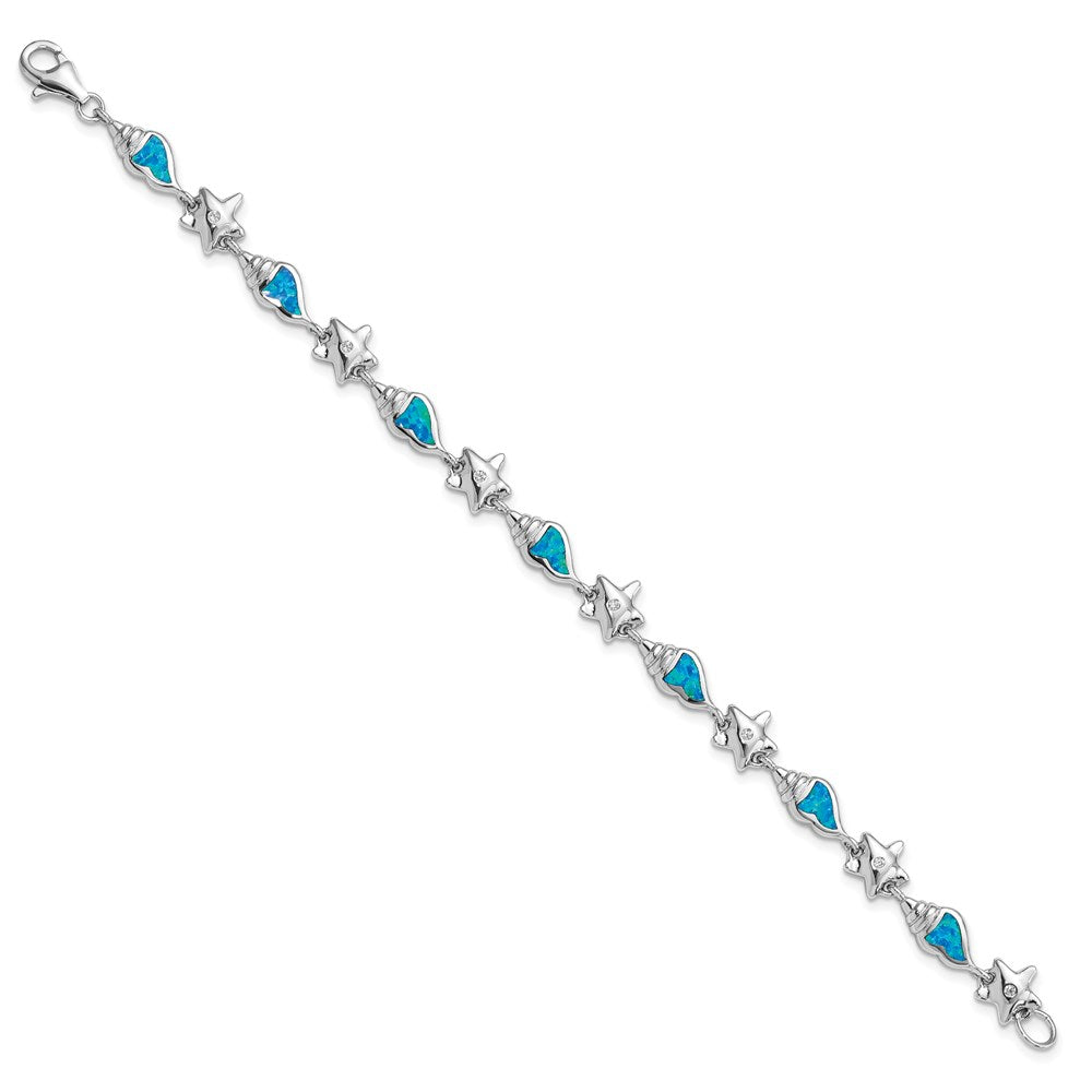 Sterling Silver Rhodium Starfish Cz And Created Opal Seashell 7.25 Inch Bracelet