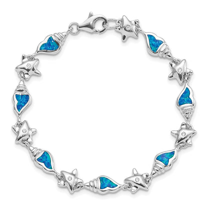 Sterling Silver Rhodium Starfish Cz And Created Opal Seashell 7.25 Inch Bracelet