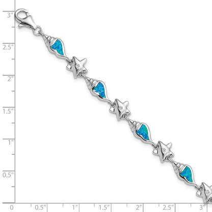 Sterling Silver Rhodium Starfish Cz And Created Opal Seashell 7.25 Inch Bracelet