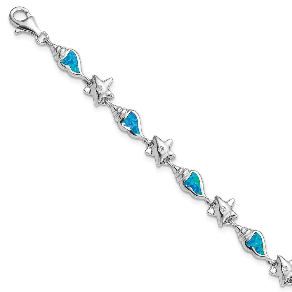 Sterling Silver Rhodium Starfish Cz And Created Opal Seashell 7.25 Inch Bracelet