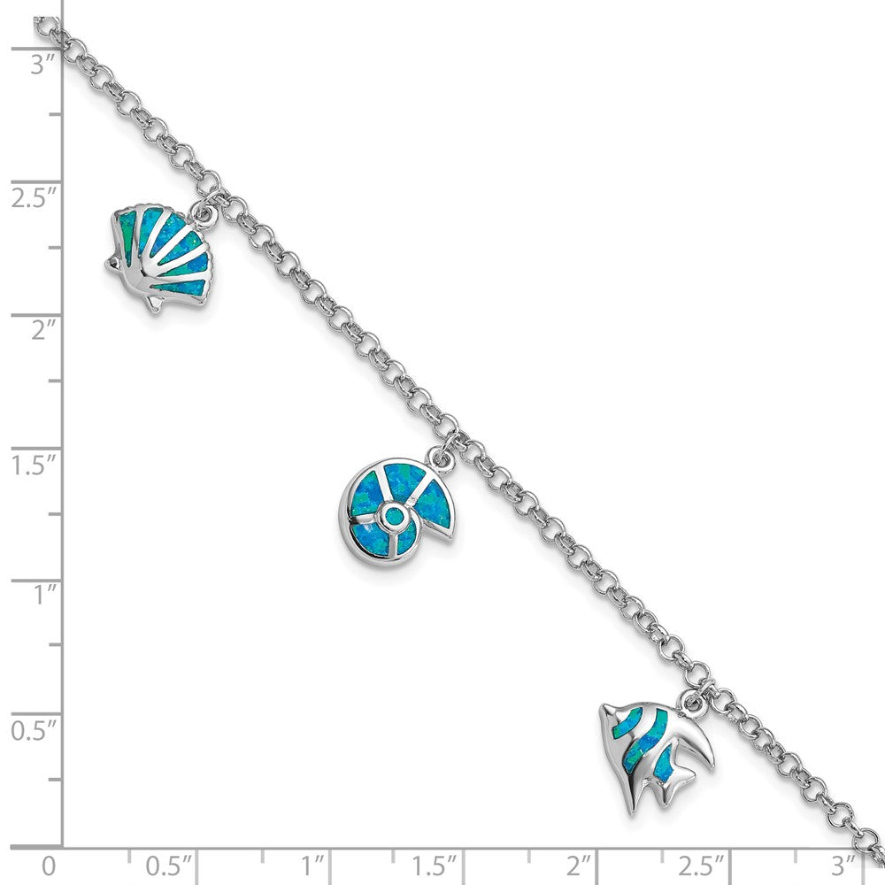 Sterling Silver Rhodium Created Opal Fish And Shells Charm 7.25 Inch Bracelet