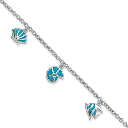 Sterling Silver Rhodium Created Opal Fish And Shells Charm 7.25 Inch Bracelet