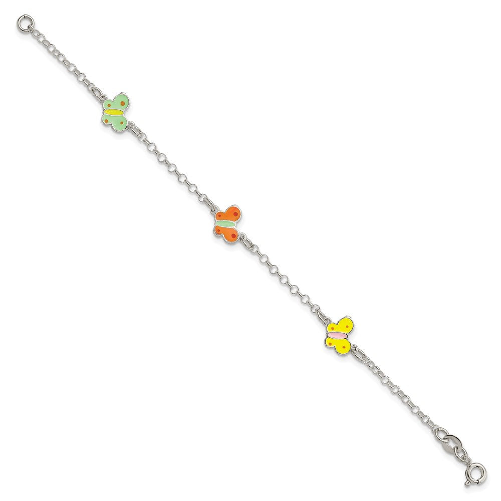 6 Inch Sterling Silver Polished Multi-Color Enamel Butterflies Children'S Bracelet