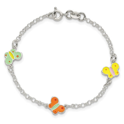 6 Inch Sterling Silver Polished Multi-Color Enamel Butterflies Children'S Bracelet