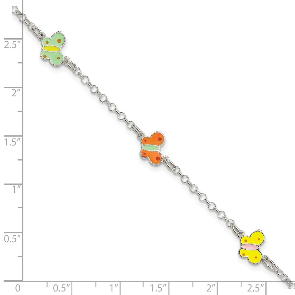 6 Inch Sterling Silver Polished Multi-Color Enamel Butterflies Children'S Bracelet