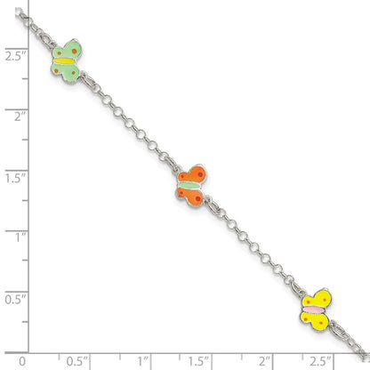 6 Inch Sterling Silver Polished Multi-Color Enamel Butterflies Children'S Bracelet