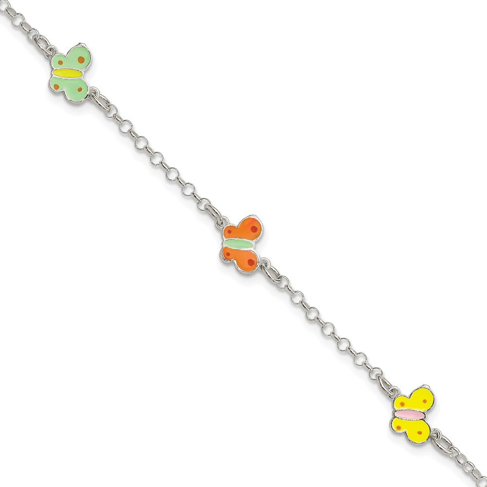 6 Inch Sterling Silver Polished Multi-Color Enamel Butterflies Children'S Bracelet