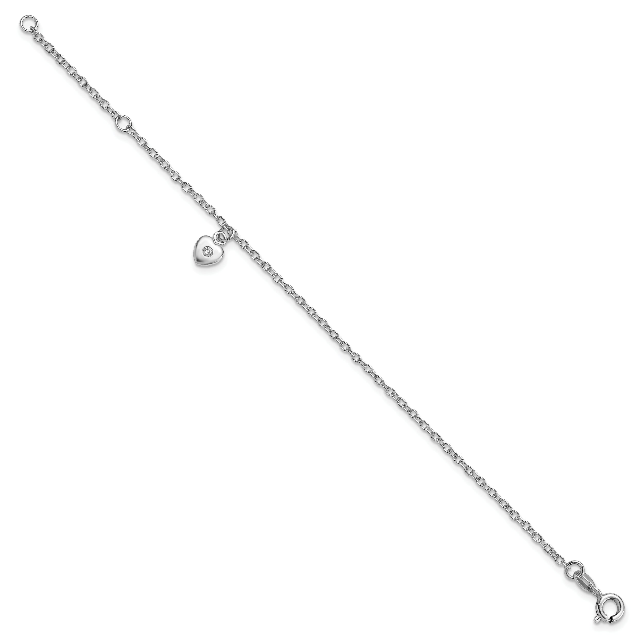 6.5 Inch Sterling Silver Rh-Plated Polished Cz Heart W/ 1In Ext. Children'S Bracelet