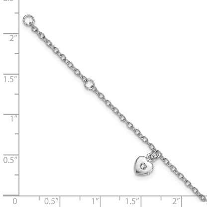 6.5 Inch Sterling Silver Rh-Plated Polished Cz Heart W/ 1In Ext. Children'S Bracelet