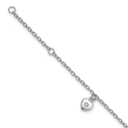 6.5 Inch Sterling Silver Rh-Plated Polished Cz Heart W/ 1In Ext. Children'S Bracelet