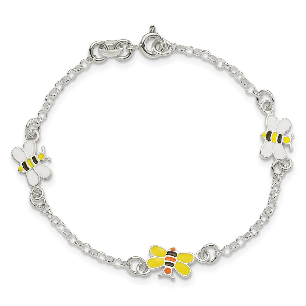 6 Inch Sterling Silver Polished & Enameled Bees Children'S Bracelet