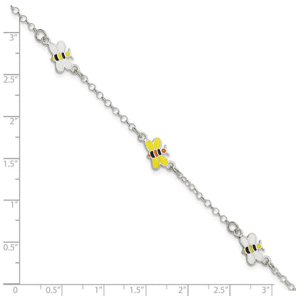 6 Inch Sterling Silver Polished & Enameled Bees Children'S Bracelet