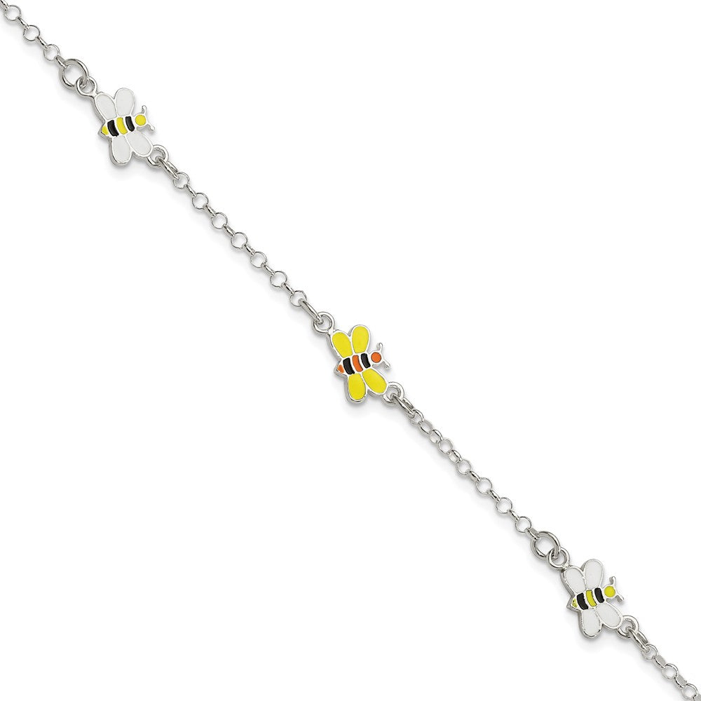 6 Inch Sterling Silver Polished & Enameled Bees Children'S Bracelet