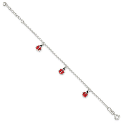7 Inch Sterling Silver Polished Enameled Ladybugs W/ 1In Ext. Children'S Bracelet