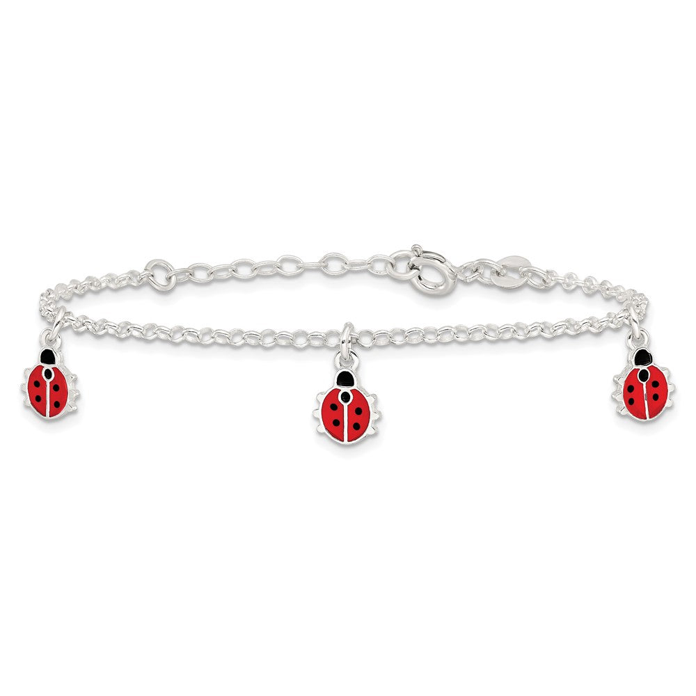 7 Inch Sterling Silver Polished Enameled Ladybugs W/ 1In Ext. Children'S Bracelet