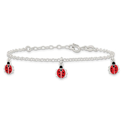 7 Inch Sterling Silver Polished Enameled Ladybugs W/ 1In Ext. Children'S Bracelet
