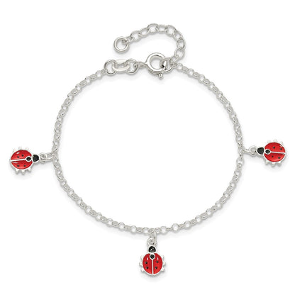 7 Inch Sterling Silver Polished Enameled Ladybugs W/ 1In Ext. Children'S Bracelet