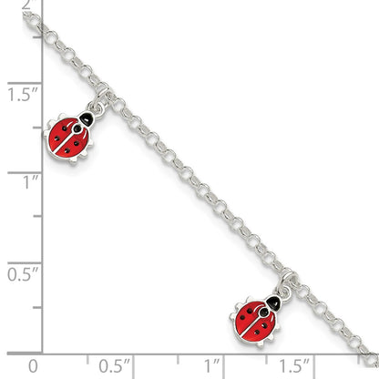 7 Inch Sterling Silver Polished Enameled Ladybugs W/ 1In Ext. Children'S Bracelet