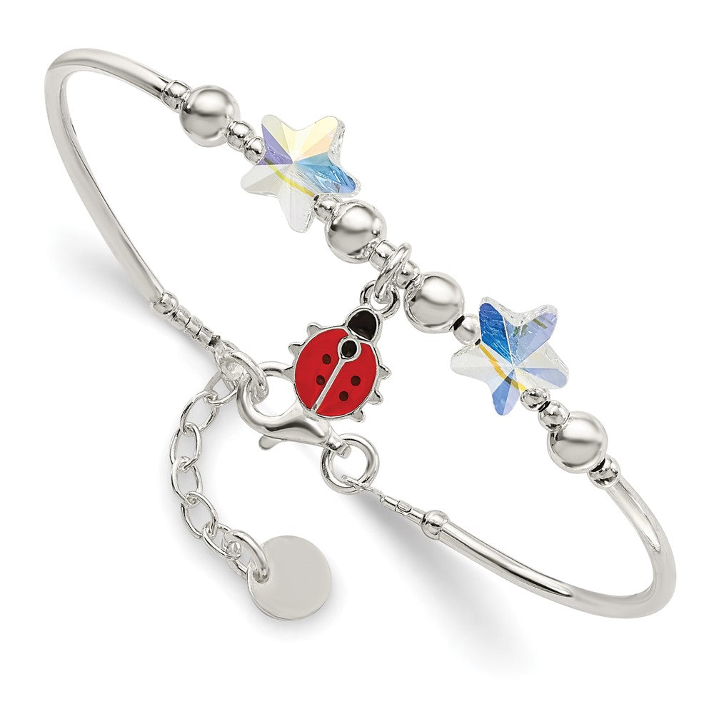 6.75 Inch Sterling Silver Polished Enameled Ladybug & Crystal Stars With .75 Extension Children'S Bracelet