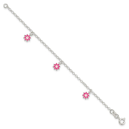 6 Inch Sterling Silver Polished Pink Enameled Flowers Children'S Bracelet