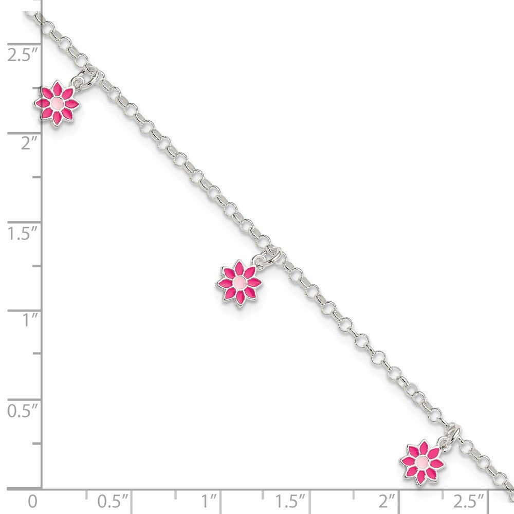 6 Inch Sterling Silver Polished Pink Enameled Flowers Children'S Bracelet
