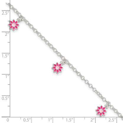 6 Inch Sterling Silver Polished Pink Enameled Flowers Children'S Bracelet