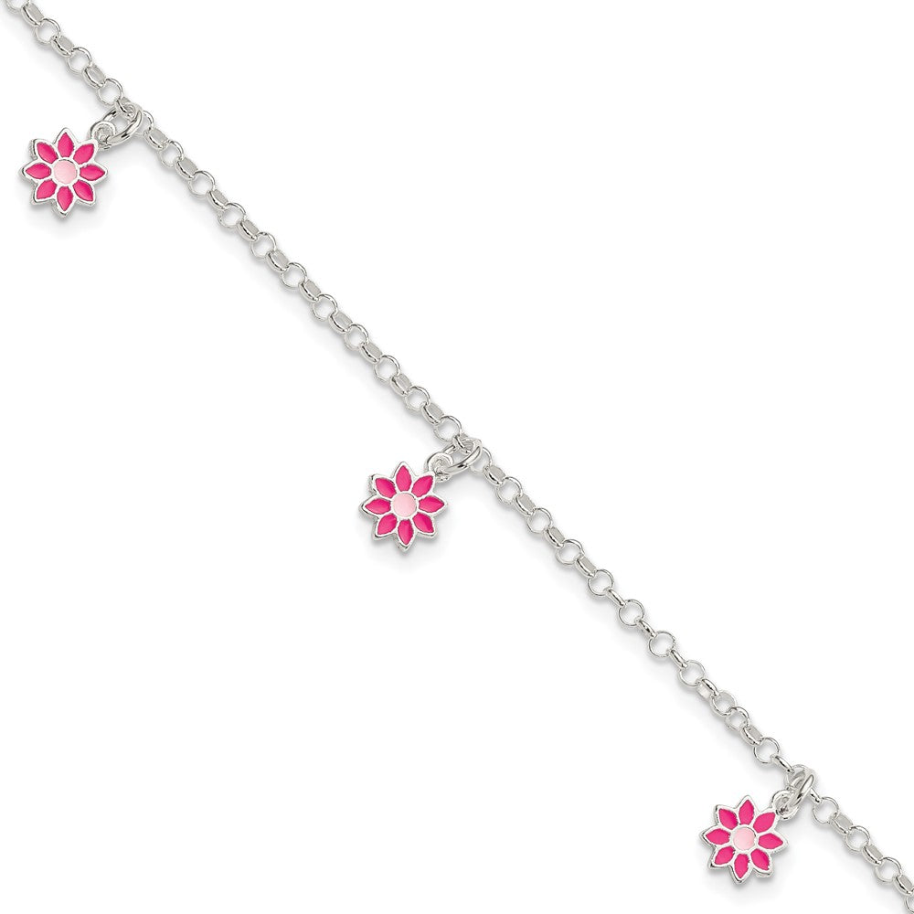 6 Inch Sterling Silver Polished Pink Enameled Flowers Children'S Bracelet