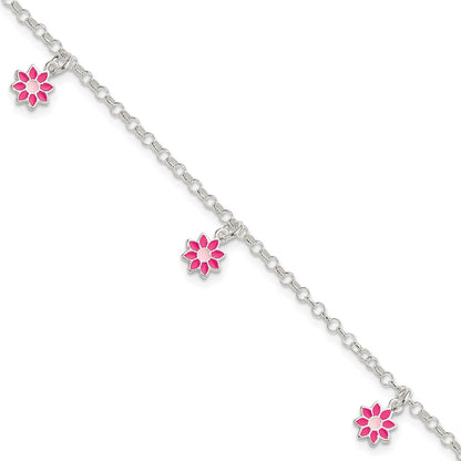 6 Inch Sterling Silver Polished Pink Enameled Flowers Children'S Bracelet