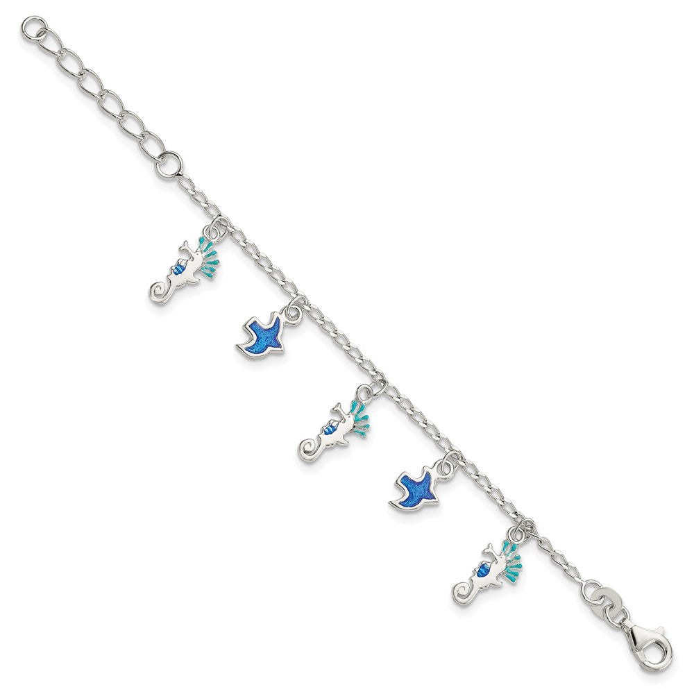 5 Inch Sterling Silver Enameled Seahorse & Birds W/ 1In Ext. Children'S Bracelet