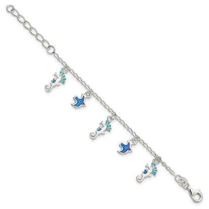 5 Inch Sterling Silver Enameled Seahorse & Birds W/ 1In Ext. Children'S Bracelet