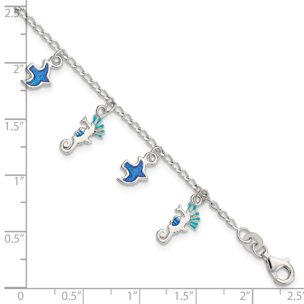 5 Inch Sterling Silver Enameled Seahorse & Birds W/ 1In Ext. Children'S Bracelet