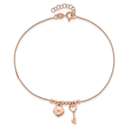Sterling Silver Rose-Tone Polished Heart Lock With 1In Ext Anklet