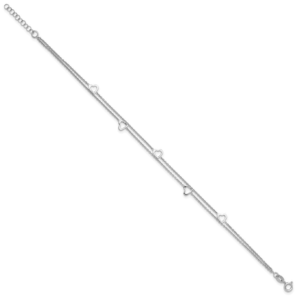 Sterling Silver Rhodium-Plated 2-Strand 9 In Plus 1In Ext. Heart Anklet
