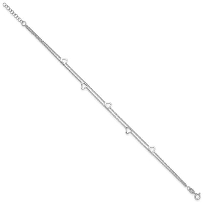 Sterling Silver Rhodium-Plated 2-Strand 9 In Plus 1In Ext. Heart Anklet