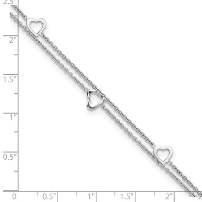 Sterling Silver Rhodium-Plated 2-Strand 9 In Plus 1In Ext. Heart Anklet
