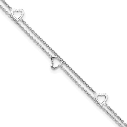Sterling Silver Rhodium-Plated 2-Strand 9 In Plus 1In Ext. Heart Anklet