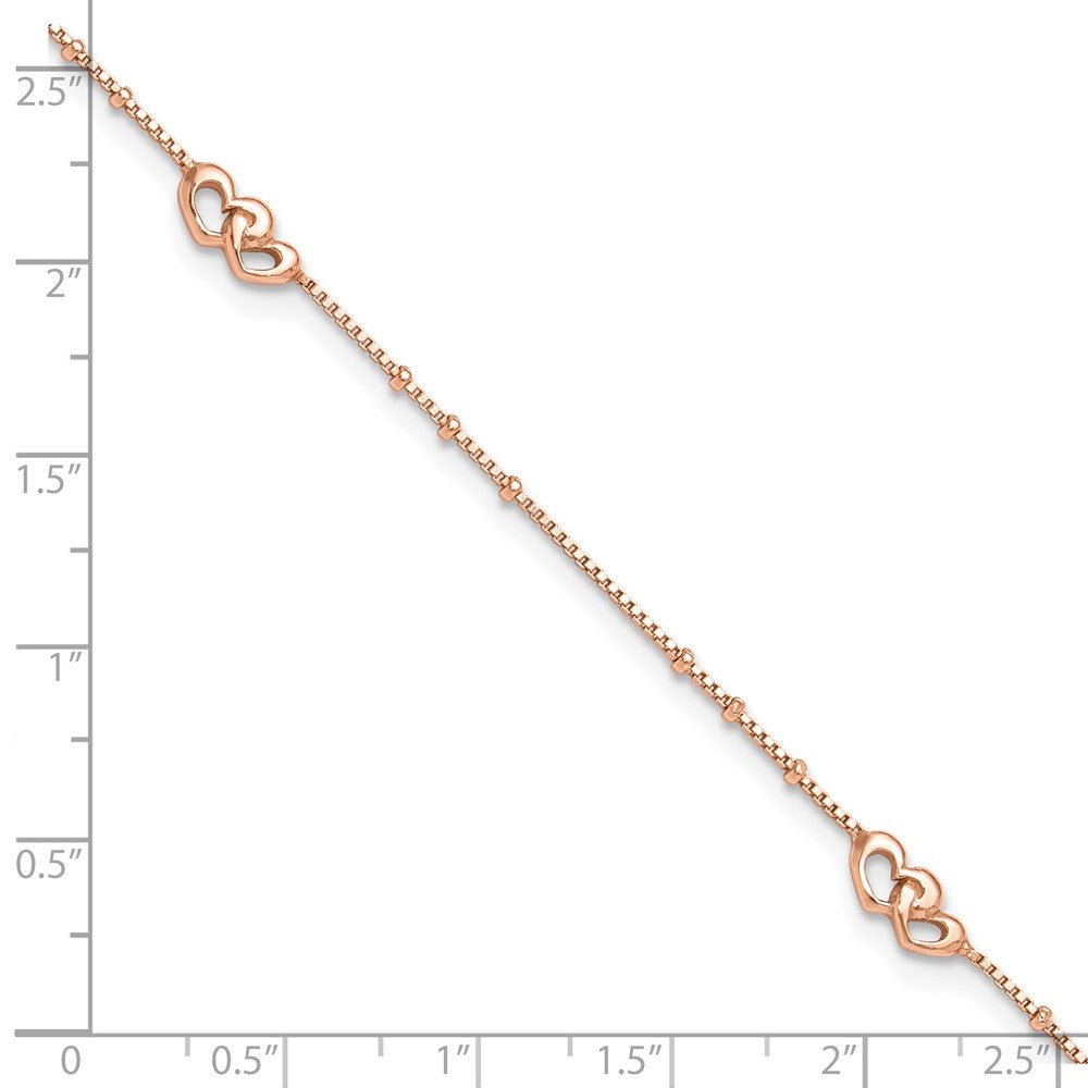 Sterling Silver Rose-Tone Polished Hearts 9In Plus 1In Ext Anklet