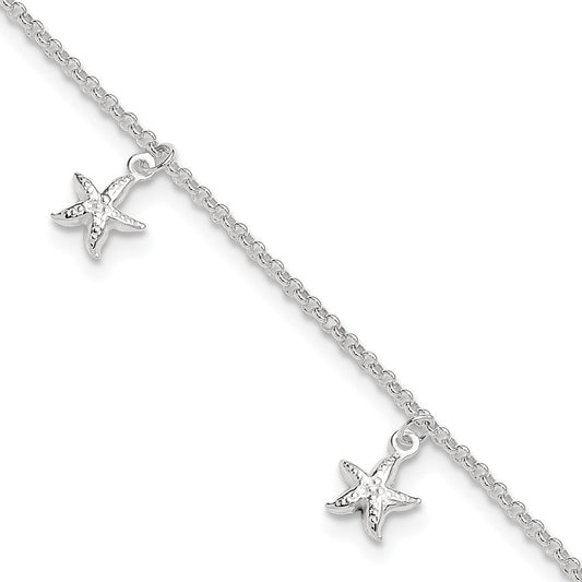 Sterling Silver Starfish Dangles 9 Inch Plus 1 Ext. Anklet
