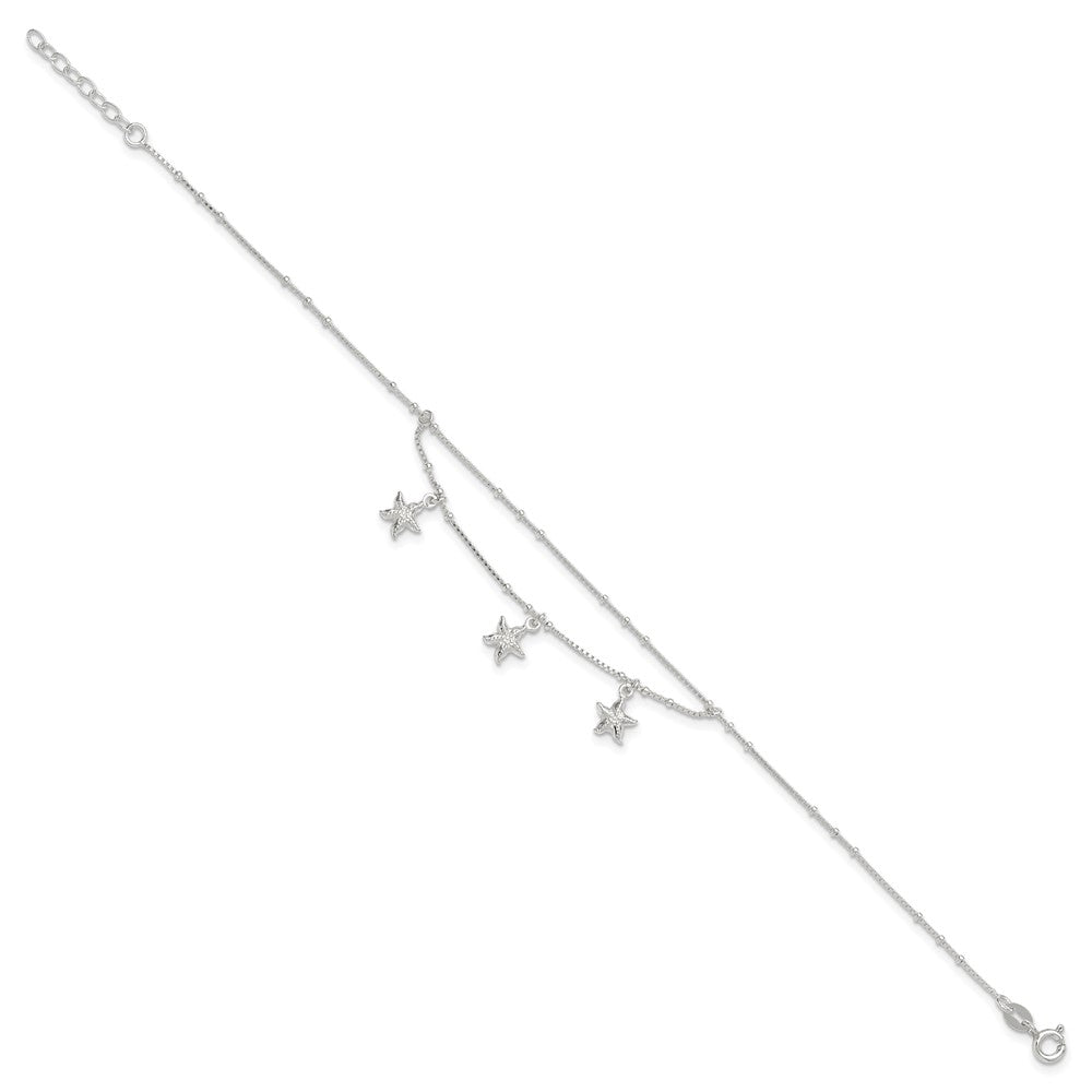 Sterling Silver Polished 2-Strand Starfish 9In Plus 1In Ext Anklet
