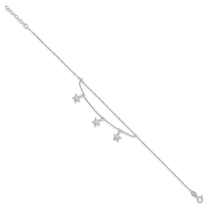 Sterling Silver Polished 2-Strand Starfish 9In Plus 1In Ext Anklet