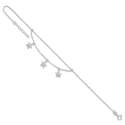 Sterling Silver Polished 2-Strand Starfish 9In Plus 1In Ext Anklet