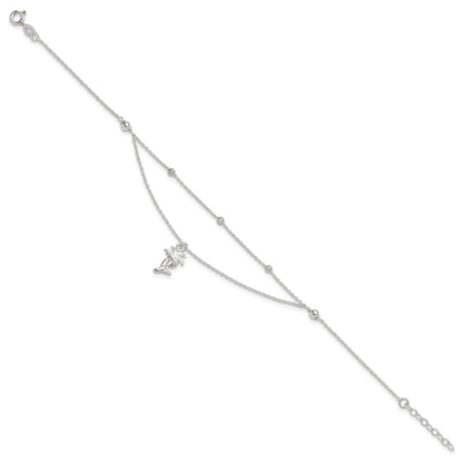 Sterling Silver Polished 2-Strand Palm Tree 9In Plus 1In Ext Anklet