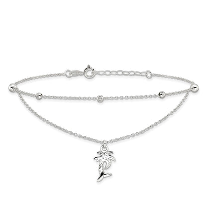 Sterling Silver Polished 2-Strand Palm Tree 9In Plus 1In Ext Anklet