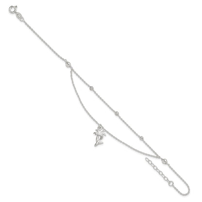 Sterling Silver Polished 2-Strand Palm Tree 9In Plus 1In Ext Anklet