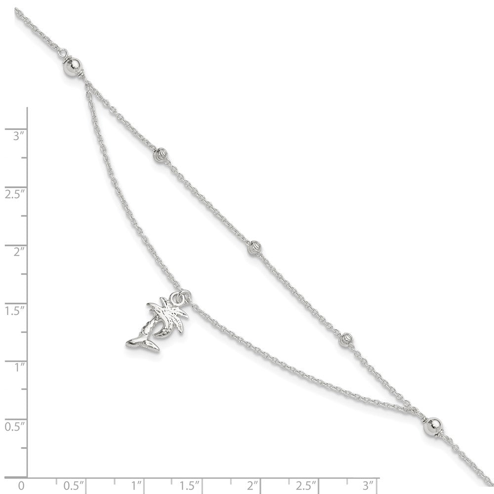 Sterling Silver Polished 2-Strand Palm Tree 9In Plus 1In Ext Anklet
