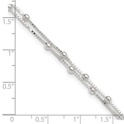 Sterling Silver Polished Beaded 2-Strand 9 Inch Plus 1 Ext. Anklet