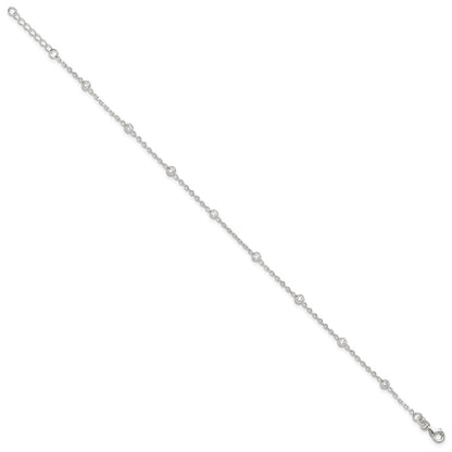 Sterling Silver Polished W/Cz 9 Inch Plus1 Ext. Anklet