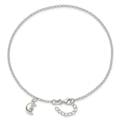 Sterling Silver Moon 10 Inch Plus 1 Ext. Anklet