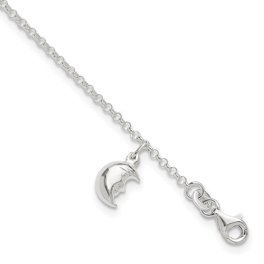 Sterling Silver Moon 10 Inch Plus 1 Ext. Anklet