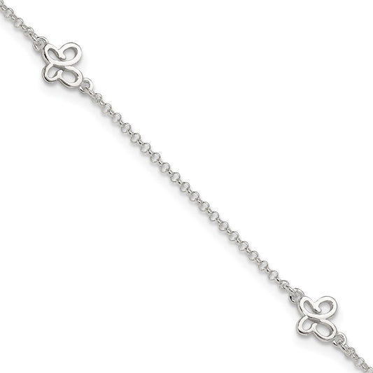 Sterling Silver Polished Butterfly 9In Plus 1In Ext Anklet